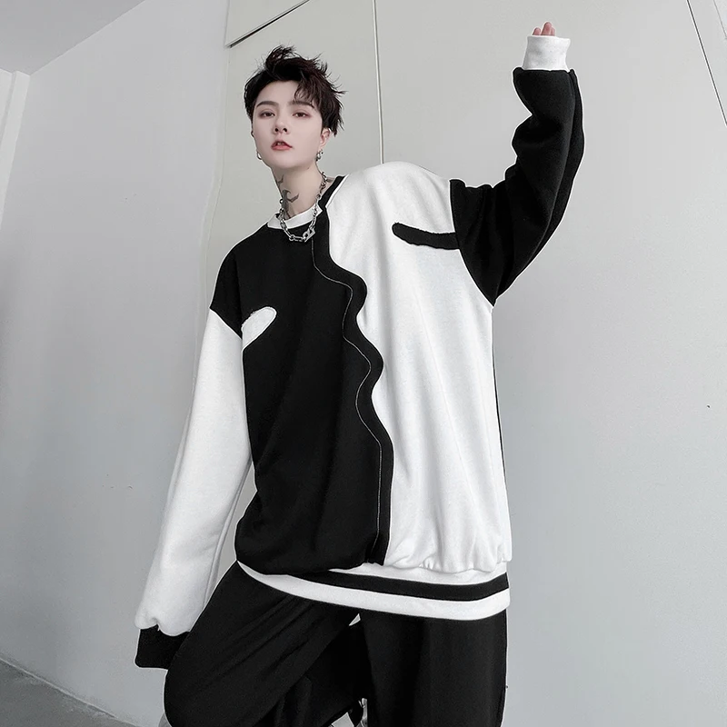 Korean Version Dark Black Series Personalized Black-And-White Splicing Men's Pullover Sweater Autumn Loose Fashion Casual Coat