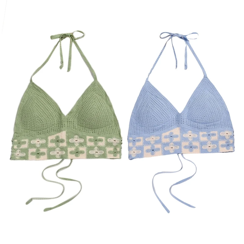 

Women All-match Halter Bralette Tank Tops Knitting Backless Crop Cami Beach Inner Base Padded Sexy Summer Girls Students