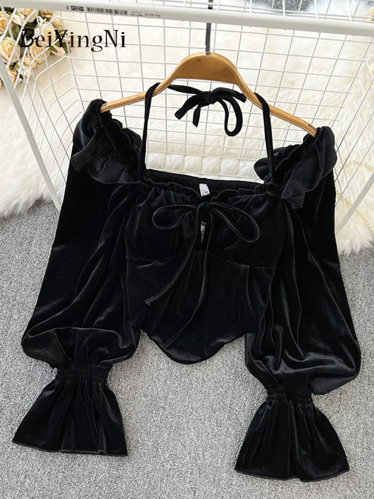 

quare Collar Blua Women Halter exy Elegant Korean Long leeve hirt Female Vintage Ruffle Ladie lim Crop Top