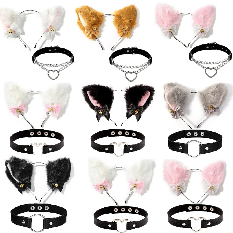 

Cat Ear Maid Cosplay Costume Leather Choker Set Plush Ear Bell Headband Hair Band Bowknot Gothic Pu Necklace Anime Prop for Girl