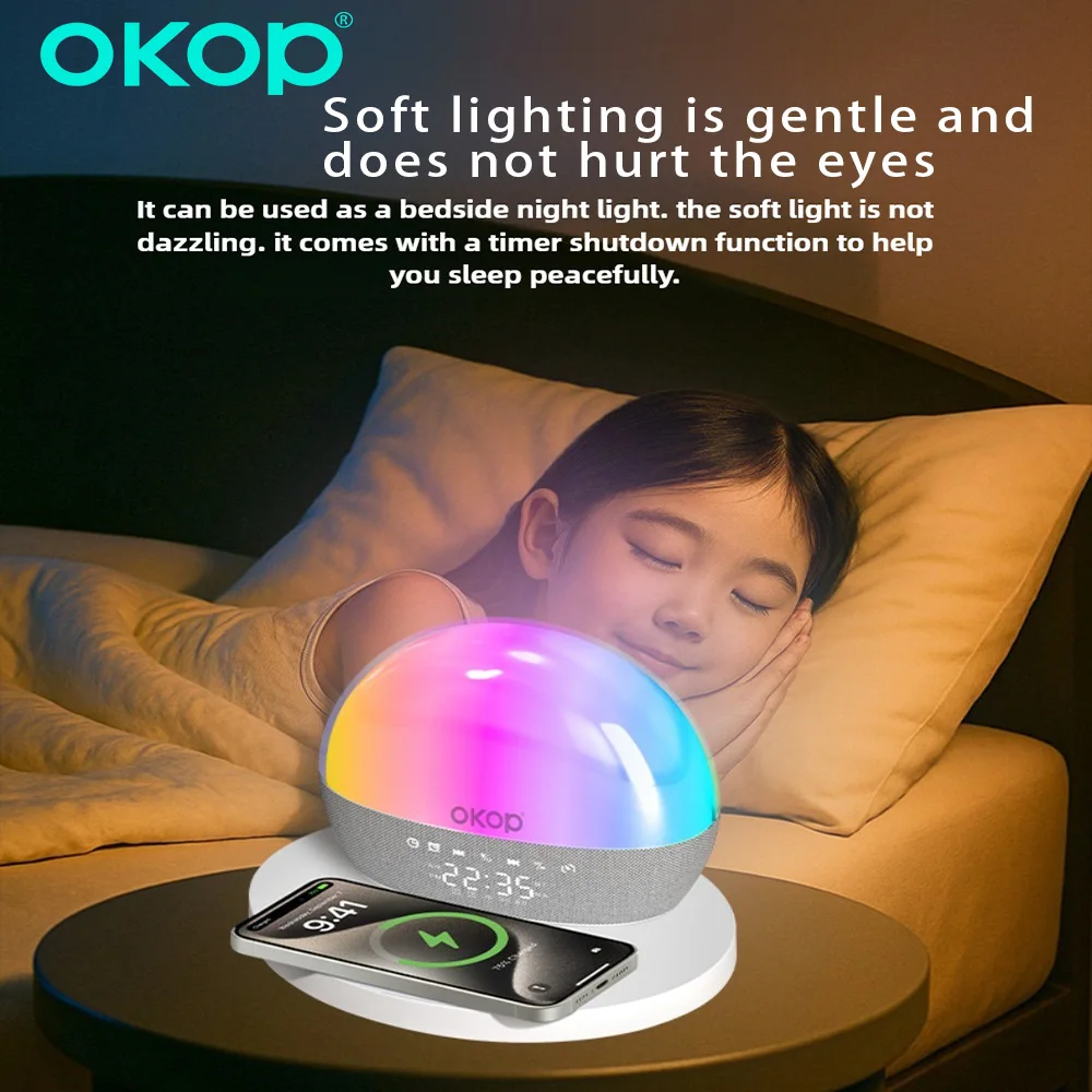 Фото OKOP Настольный Bluetooth-динамик 15 Вт Беспроводная зарядка Будильник Таймер RGB Атмосфера Свет Белый шум Музыка Вечеринка домашний кинотеатр №3