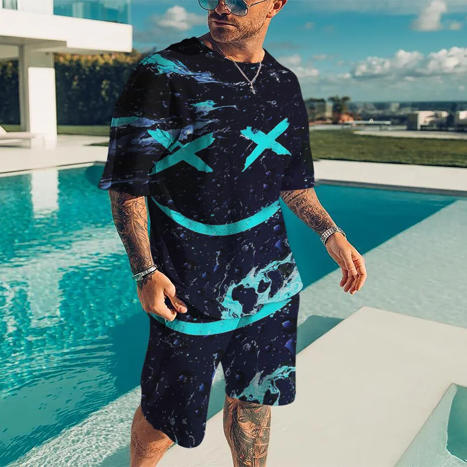 New Summer Men Tracksuit Sets Fashion For Male Oversized Casual Top Print XO T-Shirt+Shorts Suit Streetwear Men Clothing