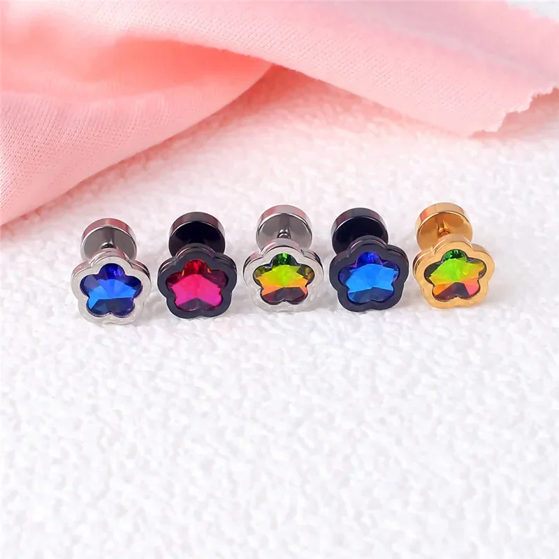 Модные Разноцветные серьги-гвоздики в стиле панк с цветами и кристаллами из