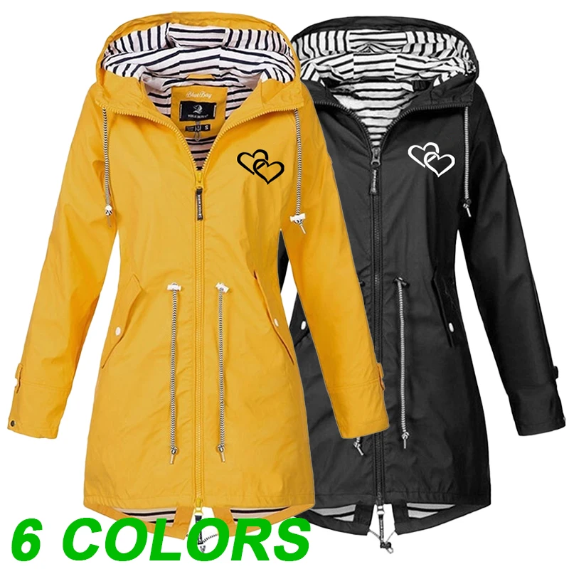 

Women's Outdoor Windproof Rainproof Hooded Coats Cute Love Heart Print Casual Solid Hiking Jacket Outerwear Clothes for Female