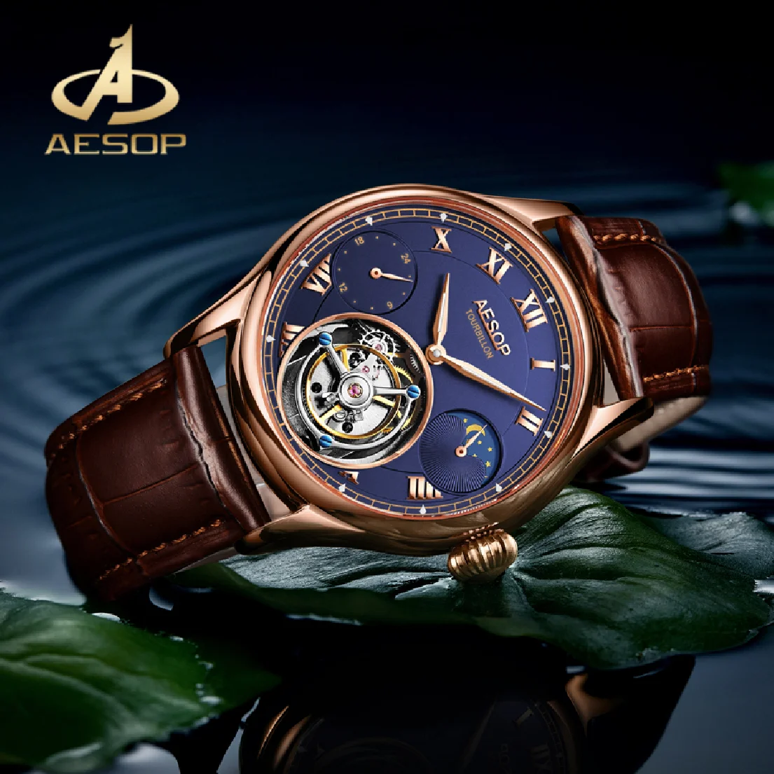 

AESOP Sapphire Glass Waterproof Chronograph Watch Real Tourbillon Manual Winding Mechanical Movement Moon Phase Wristwatch