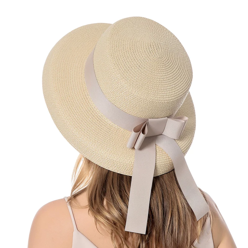 

Unisex Solid Color Flat Top Foldable Straw Beach Outing Hats With Bow-Knot Women's Sun Visors For Summer Suitable For Ladies