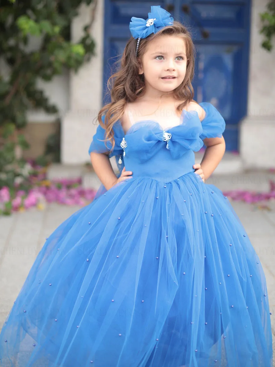 

Blue Bow Flower Girl Dress Beading Pearls A-Line Girls Princess Wedding Party Dress Off-Shoulder First Communion Gown Dress