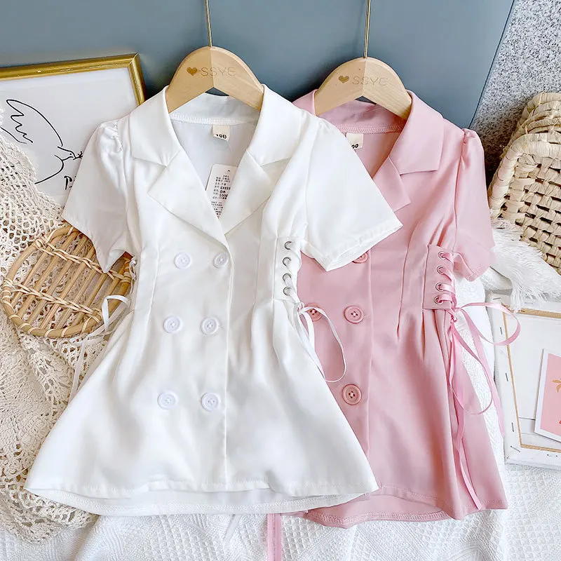 

Pink White Girls Dresses Summer Girls Clothing Waist Drawstring Double-Breasted Solid Color Fashion Baby Kids Puff Sleeve Dress