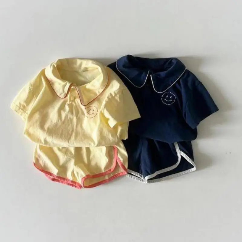 

Baby Summer Homewear Set Cute Girl Smiley Turn-down Collar Short Sleeves Tops + Boy Loose Solid Shorts 2pc Suit Sports Clothes
