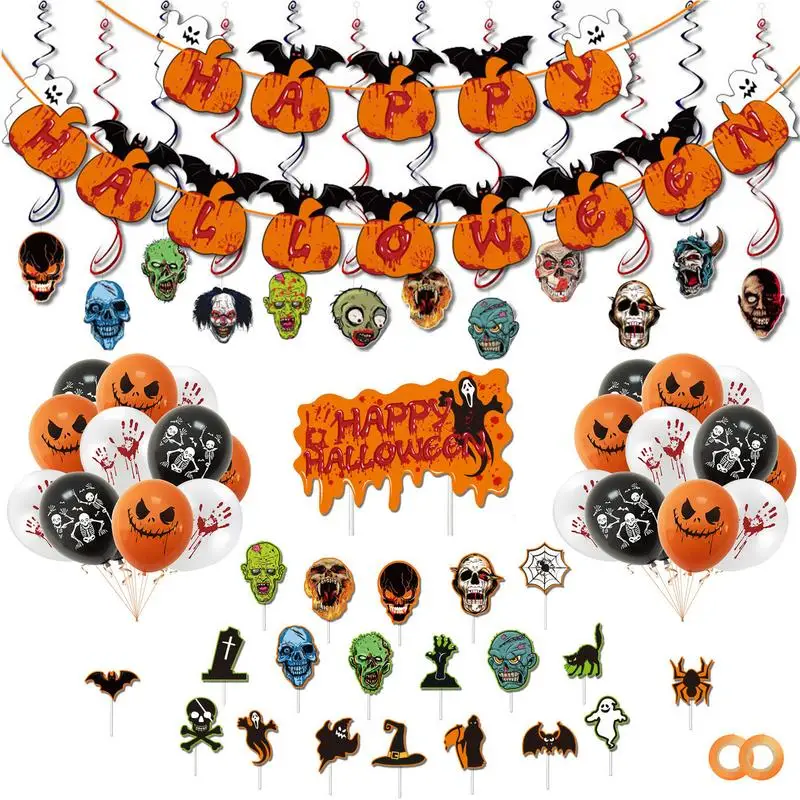 

Black Orange Party Decors Decoring Set With Scary Skeletons Bloody Hands Horror Themed Banner Balloons And Ribbon For Crime