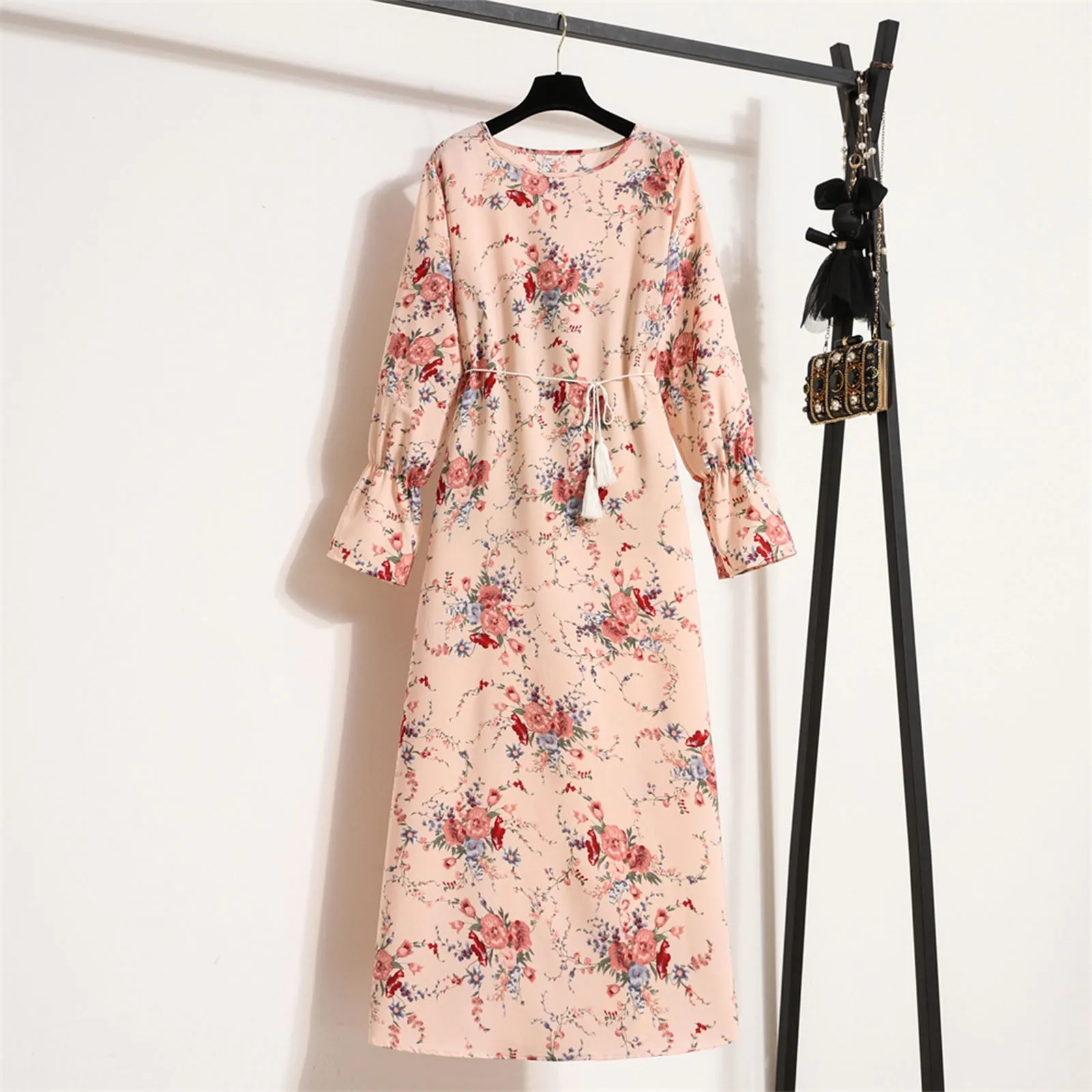 

Women's Fall Casual Dress Printed Round Neck Long Sleeve Tie Flowy Hem Dress