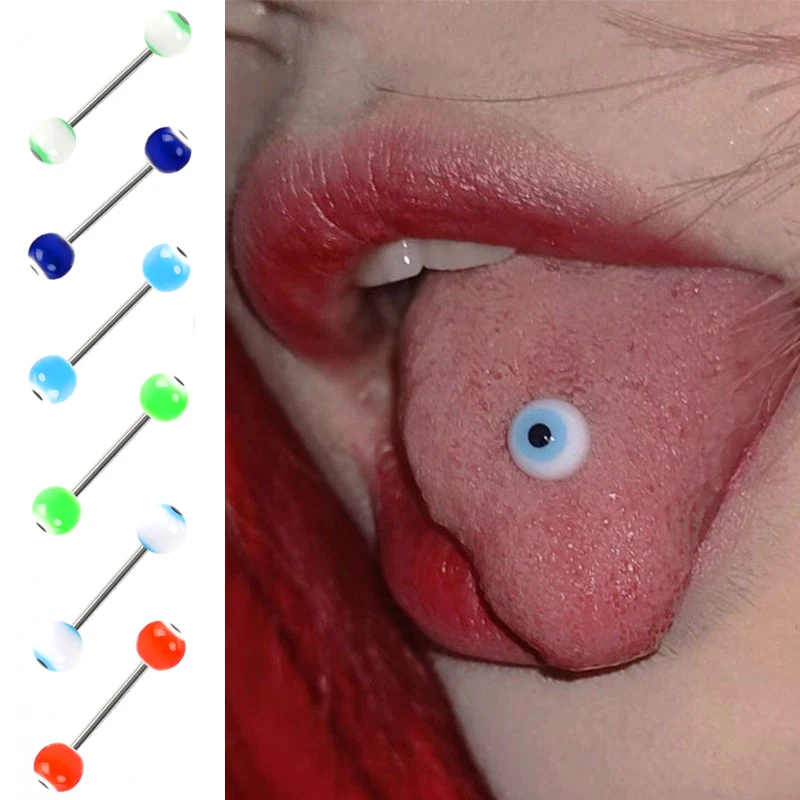 Кольцо для пирсинга в стиле панк Egirl с изображением сглаза, языка, штанги, шарики-гвоздики, гипоаллергенные, хирургическая сталь, для прокола языка, тела, 14 г, ювелирные изделия