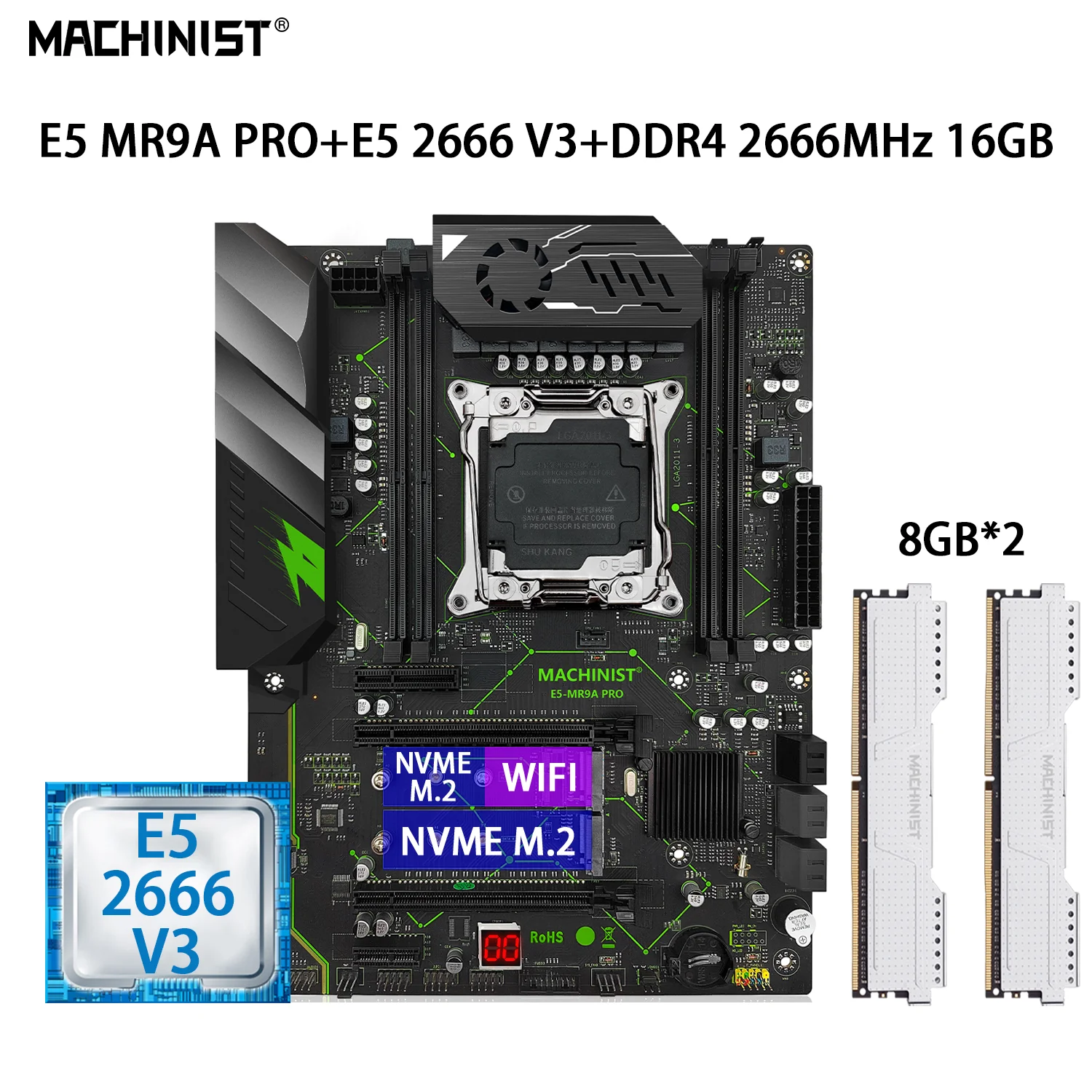 

MACHINIST E5 Kit Motherboard LGA 2011-3 Set With Xeon E5 2666 V3 CPU 16GB=2*8GB DDR4 2666MHz RAM Four-Channel SATA E5 MR9A PRO