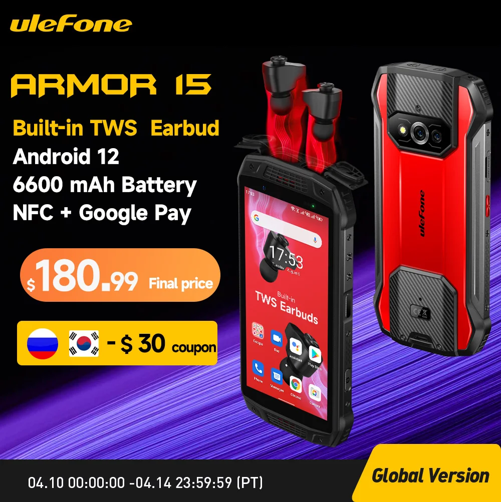 Ulefone Armor 15 Rugged Phone Android 12 Built-in TWS Earbuds Smartphone 6600mAh 128GB NFC 2.4G/5G WLAN Waterproof Mobile Phones