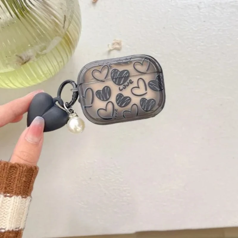 Фото Чехол с дизайном «Черное сердце» для наушников AirPods Pro 2/Pro Gen, защитный чехол для наушников AirPods 4 2024 3 1 2 Gen с крючком №2