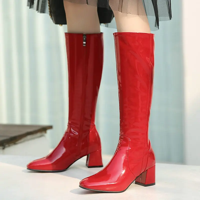 

Autumn/winter high-heeled women's boots Red patent leather high-heeled boots Coarse heels Knight boots Long boots Large boots