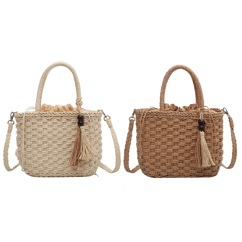 

Fringed Straw Handbag Hand-Woven Rattan Bag Woven Wallet Wicker Beach Bag Bohemian One-Shoulder Messenger Bag
