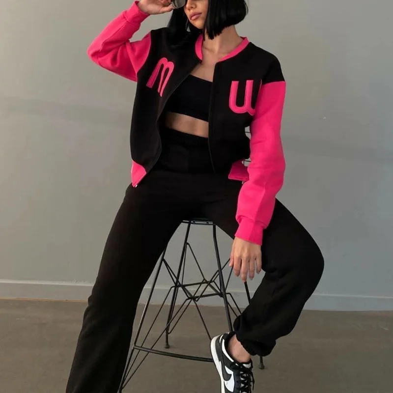 

Women Casual Tracksuit Solid Outfits Fashion Zipper Long Sleeve Jacket and Long Pants Sets Elegant Letter Print Loose 2Pc Suits