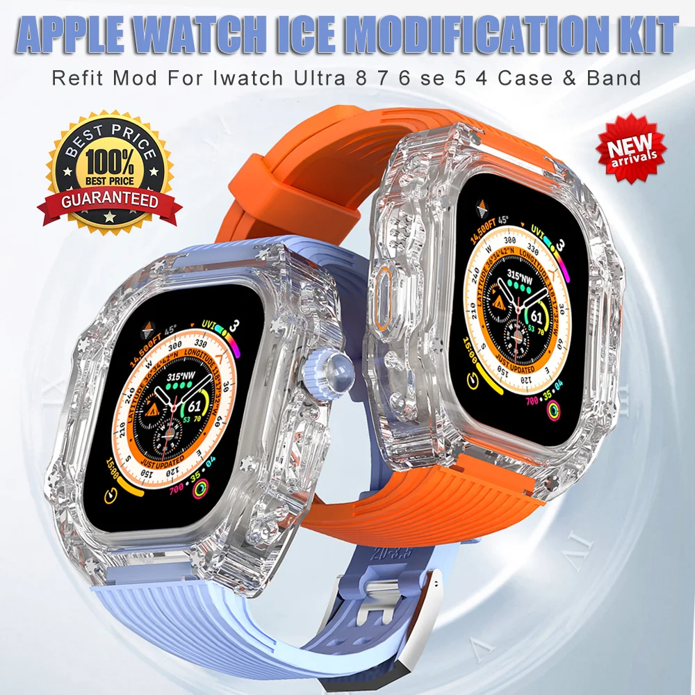 

Прозрачный комплект для модификации ледяной ленты для часов Apple Watch Ultra 49 мм, резиновый ремешок для iWatch 8 7 6 5 4 SE 45 мм 44 мм, оптовая продажа
