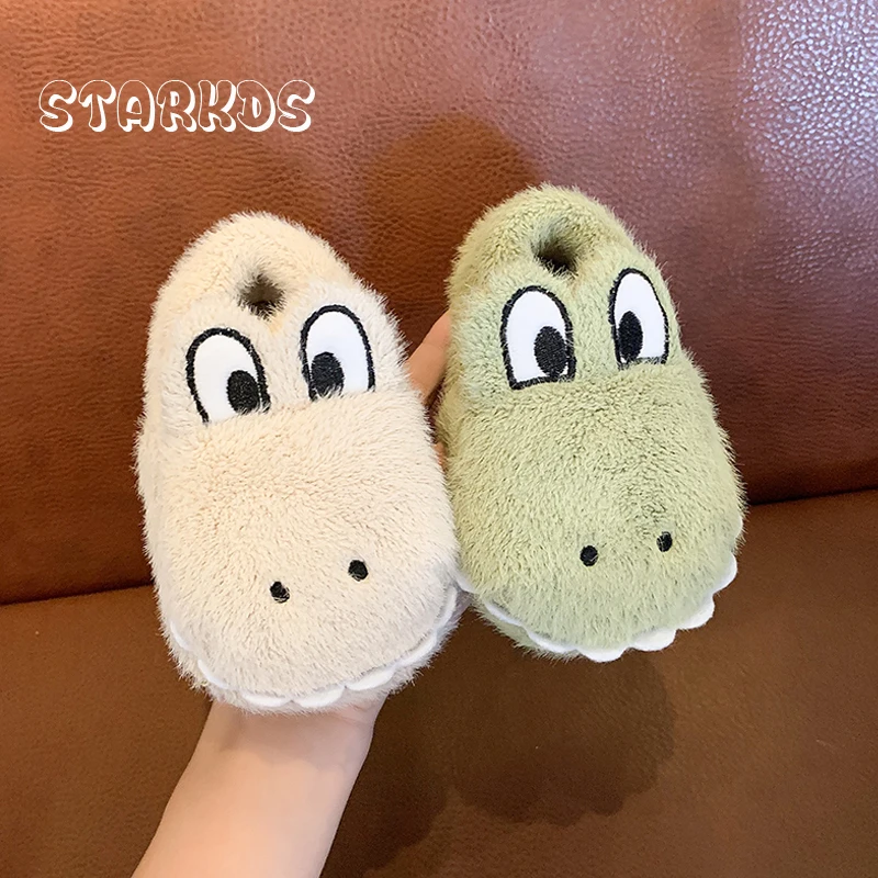 Winter Slippers Child Funny Cartoon Dinosaure Shoes Boys Girls Furry House Slides Thick Sole Anti-slip Warm Loafers