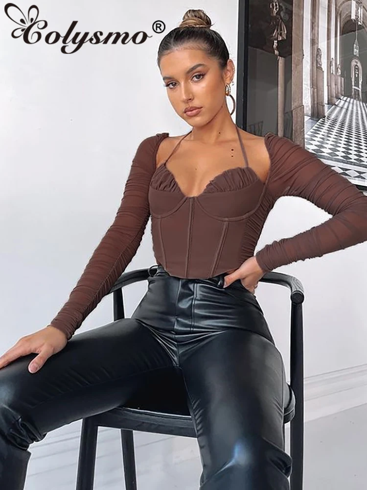 

Женские сетчатые блузки Colysmo, с длинным рукавом, укороченный топ, с вырезами, с лямкой на шее, на косточках, на молнии, весенние, сексуальные, м...