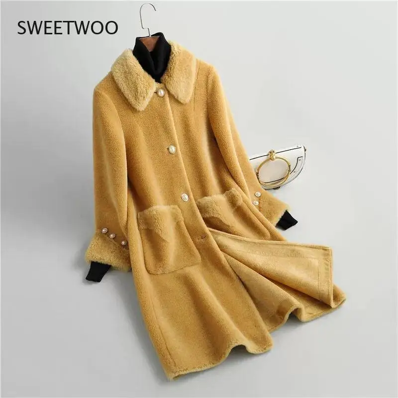 2021 Women New Winter Genuine Lamb Fur Coats Female Long Real Sheep Shearing Jackets Ladies Solid Slim Warm Overcoats Contracted