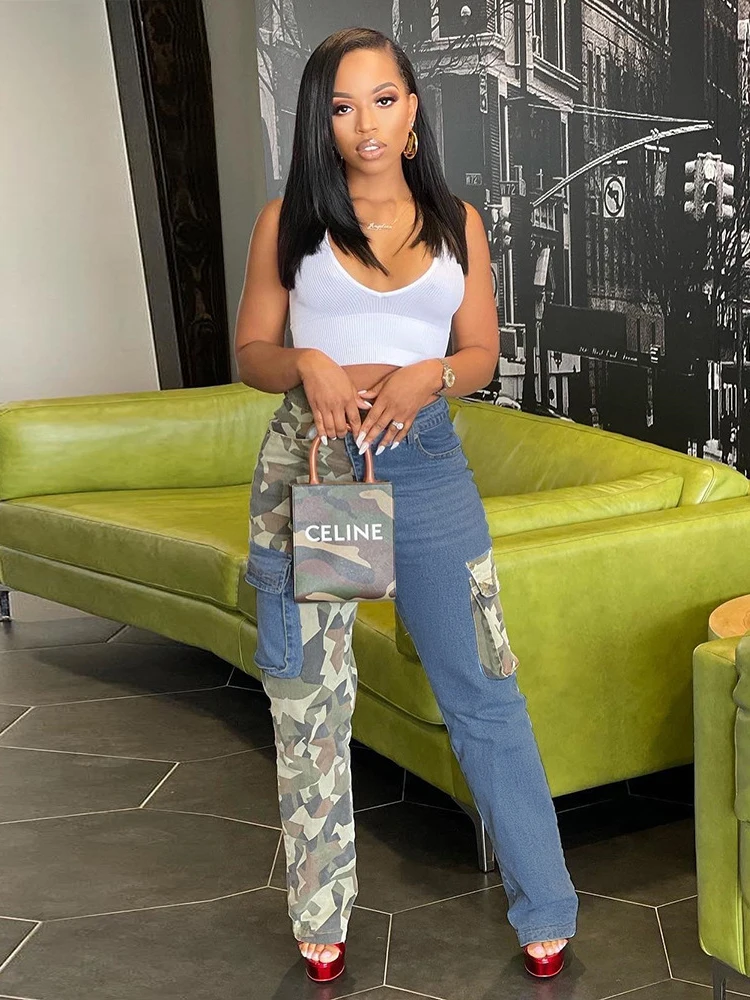 Sifreyr Camouflage Patchwork Cargo Pants Women Pocket Zipper High Waist Baggy Jeans Casual Bottoms Street Hipster Denim Trousers