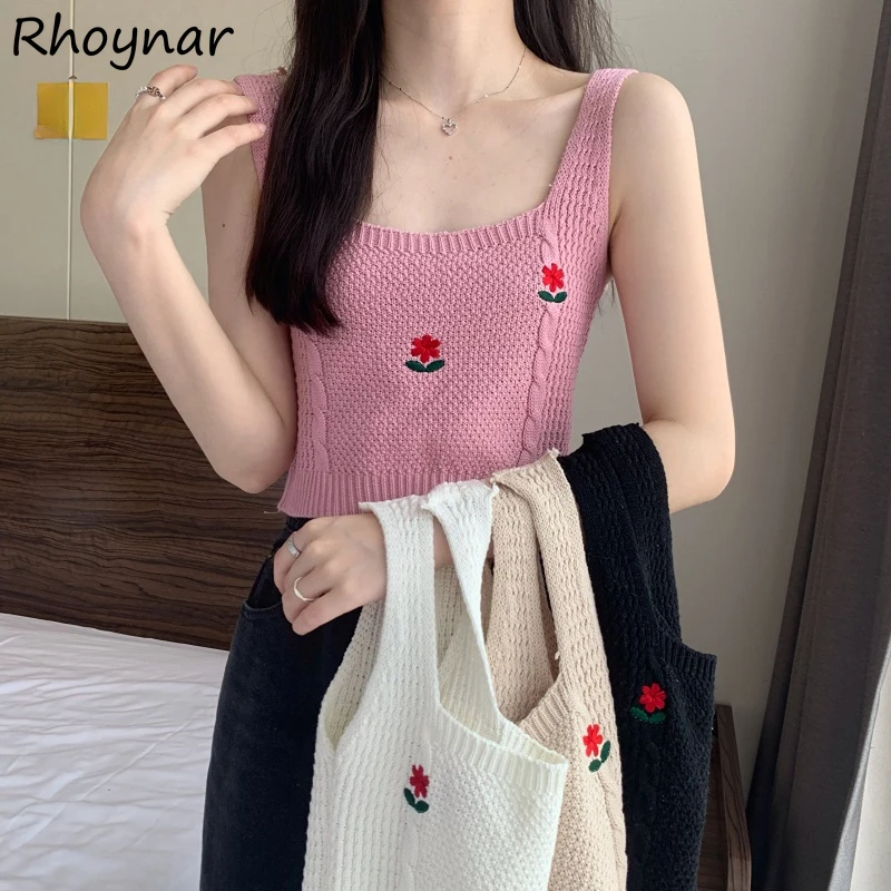 

Knitting Camis Women Embroidery Floral Crop Tops Retro French Style Summer Thin Design Basic All-match Kawaii Sexy Beach Club
