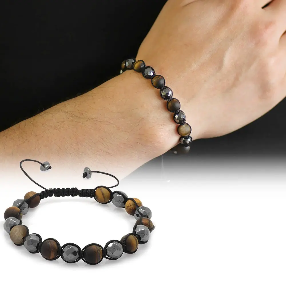 

Nipora Macrame Braided Sphere Cut Matte Turtle-Facetal Hematite Combined Natural Stone Bracelet