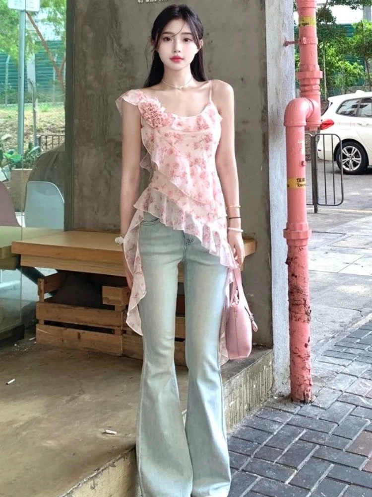 Летние розовые милые укороченные топы Y2k женские корейские модные повседневные