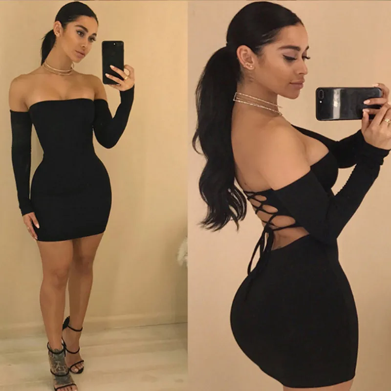 

Autumn Long Sleeve Dress Robe up Club Bodycon Mini Dresses Vestido Clothing Dropshipping Women's Sexy Off Shoulder Backless Lace