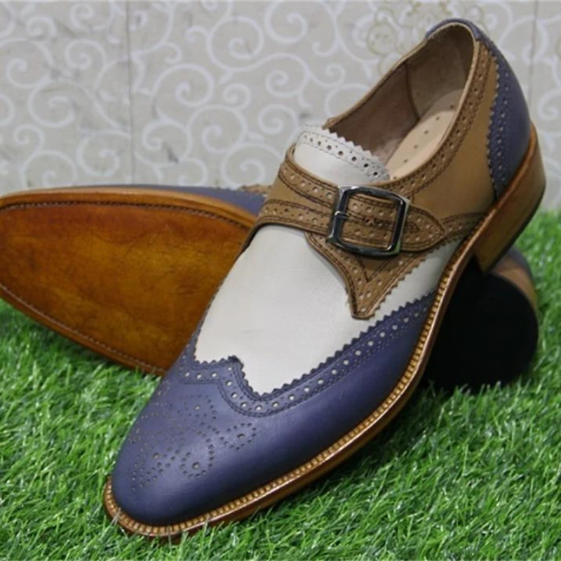 

New Monk Shoes Men Shoes PU Color Matching Fashion Classic Business Casual Wedding Pointed Toe Carved Buckle Formal Shoes CP274