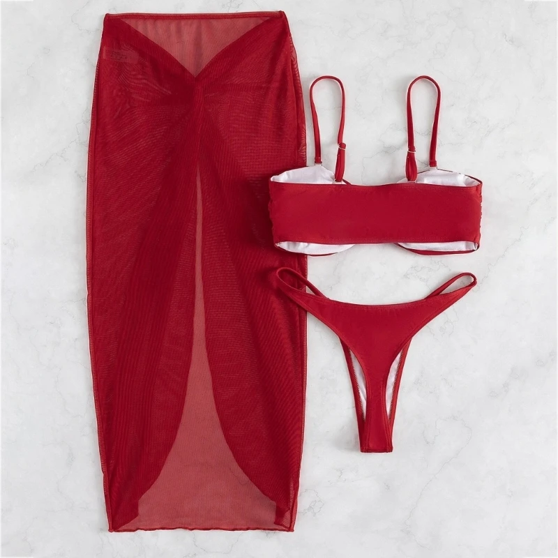 

H58D Bathing Suit with Mesh Maxi Skirt Triangle-Bikinis 3 Pieces Swimsuits for Women