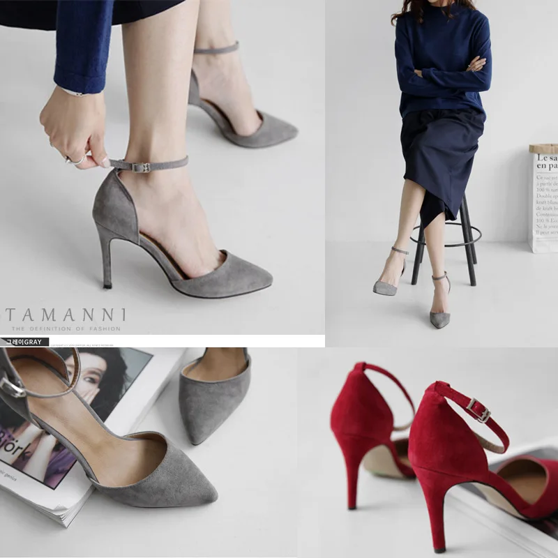 

2021 New female sandals with a toe cap stiletto pointed toe Korean fashion all-match suede hollow high heels 6-10CM