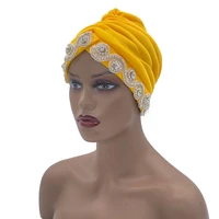 soild color india african headwrap muslim headscarf bonnet ladies luxury beanies hat shinning stone pleated turban cap for women