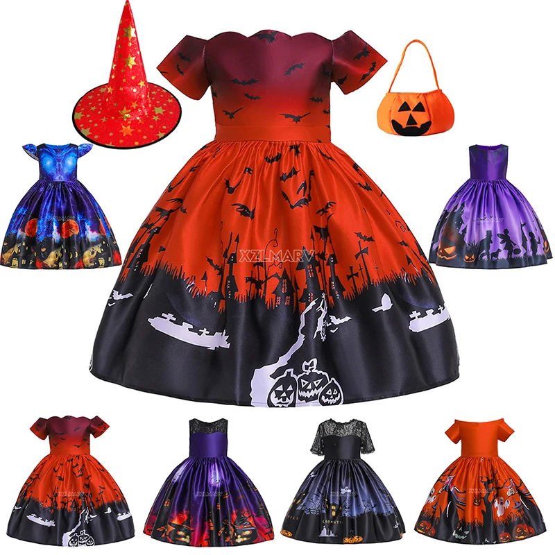 

Детский костюм ведьмы на Хэллоуин для девочек, карнавальвечерние, платье с принтом вампира, летучей мыши, призрака, платье для выступлений, ...