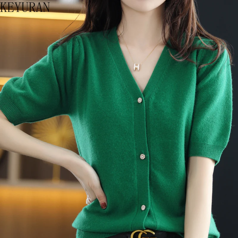 

2022 Spring Summer New Green Knitted Cardigan Women Short-sleeved Coat V-neck Loose Single Breasted Thin Sweater Women's Top