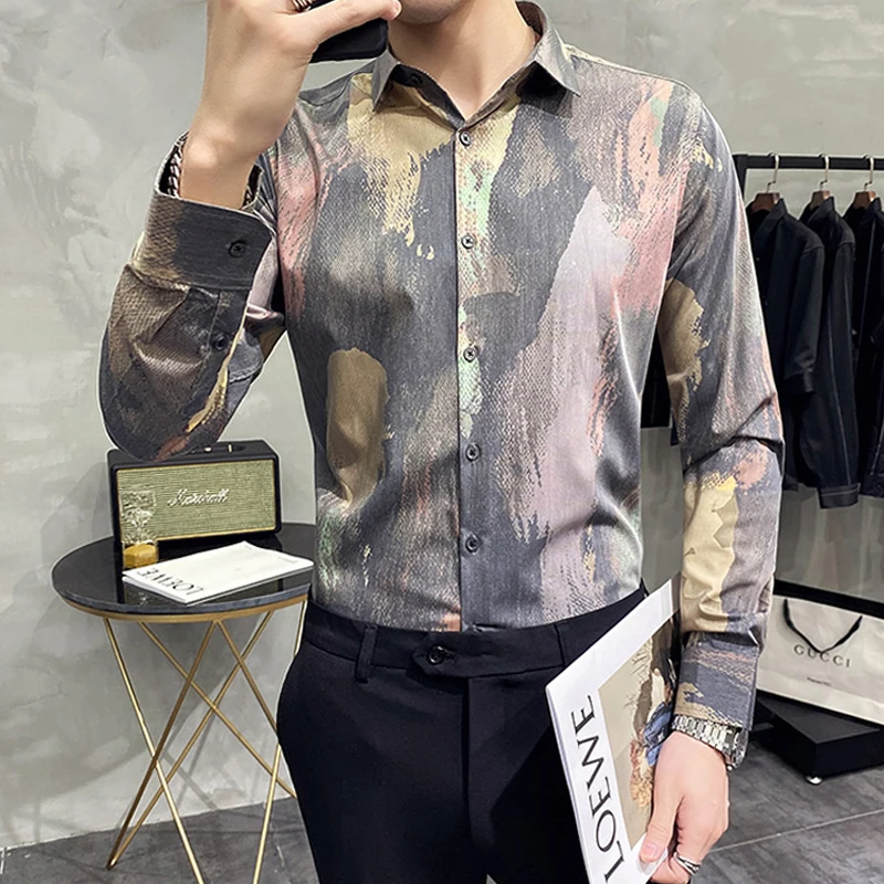 

Рубашка мужская с длинным рукавом и цветочным принтом, повседневная приталенная, с пуговицами, модная одежда азиатских размеров
