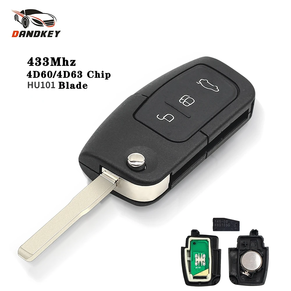 

3-кнопочный складной пульт дистанционного управления Dandkey 433 МГц для Ford Focus Fiesta 2013 с чипом HU101/FO21 Blade 4D63/4D60