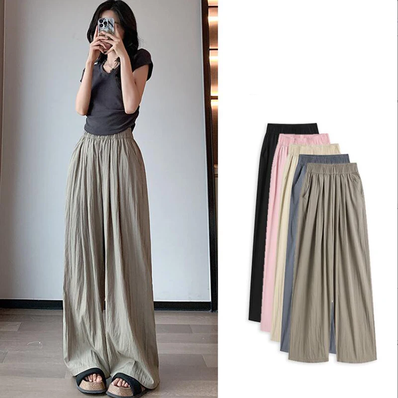 

Casual Wide Leg Pants Women 2023 Summer Elastic High Waist Straight Long Baggy Pants Elegant Solid Loose Trousers Female