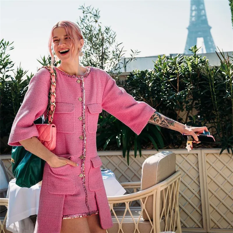 

Miu Rose Pink Tweed Dress Women's Fashion Heavy Industry Sequins Waist Slim Dress