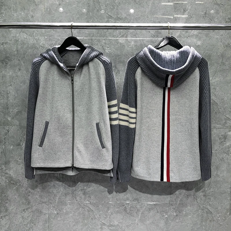 TB THOM Men's Sweaters 2022 Winter New Arrival Luxury Brand Hoodies 4-bar Stripes Patchwork Coats Casual Hooded Sweatshirts