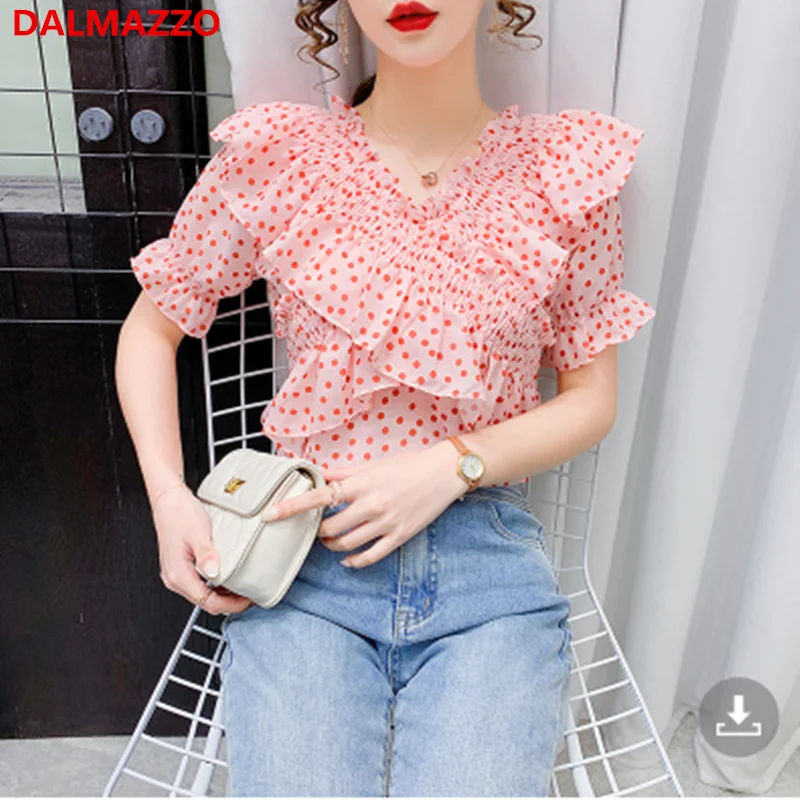 

DALMAZZO Sweet Polka Dots Chiffon Shirt Casual Thin Summer Blouses Women Pullover V Neck Ruffle Print Short Tops Female 2022 New