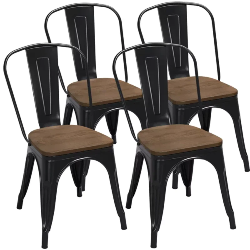 

Easyfashion Metal Dining Chair with Wood Seat for Indoor Outdoor, Set of 4, Black