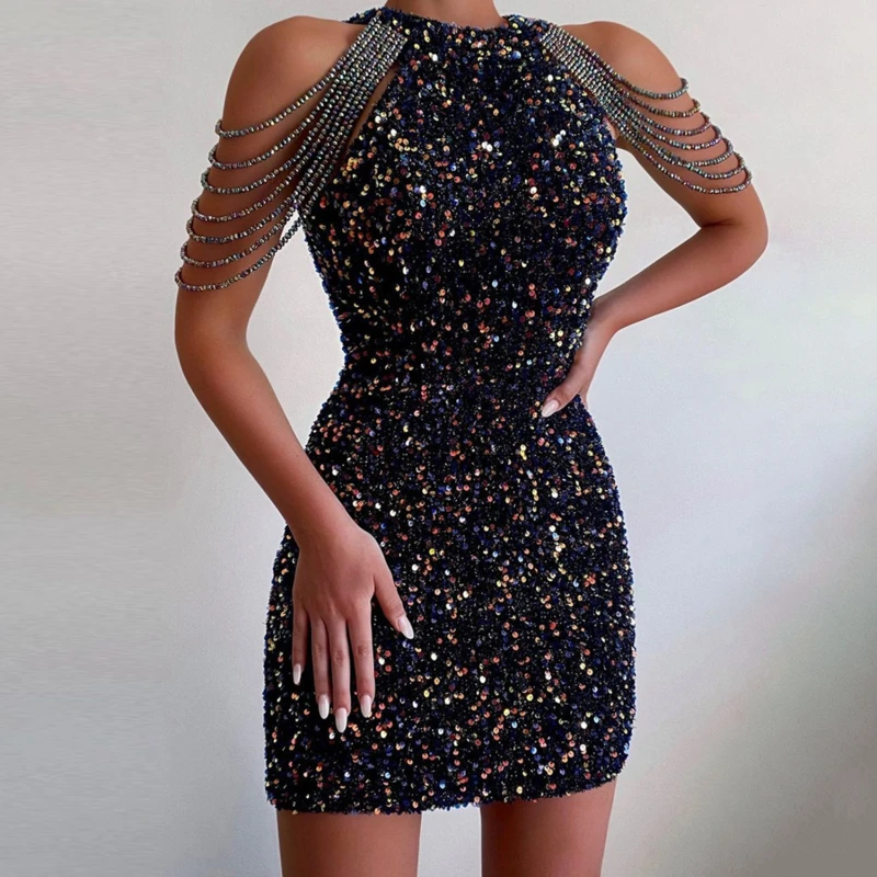 

Женское мини-платье без рукавов, с открытыми плечами и блестками