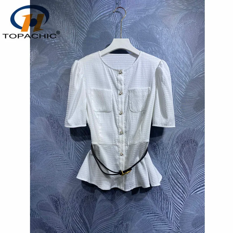 

4.11 High Quality Temperament Elegant With Belt Collect Waist O-Neck Puff Sleeve Single Breasted Jacquard Shirt Women