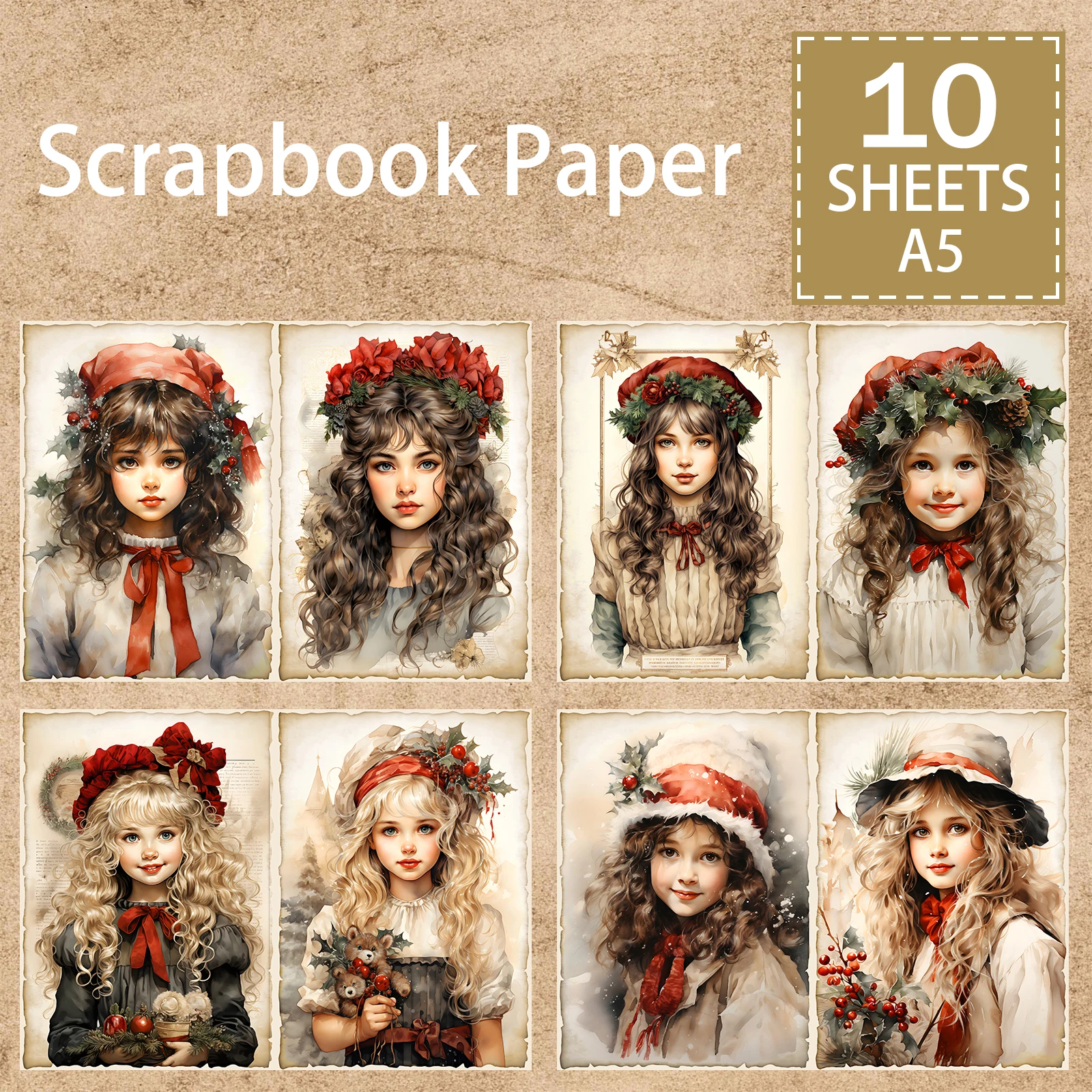 10 листов формата А5 милый фон для маленькой рождественской девушки винтажный