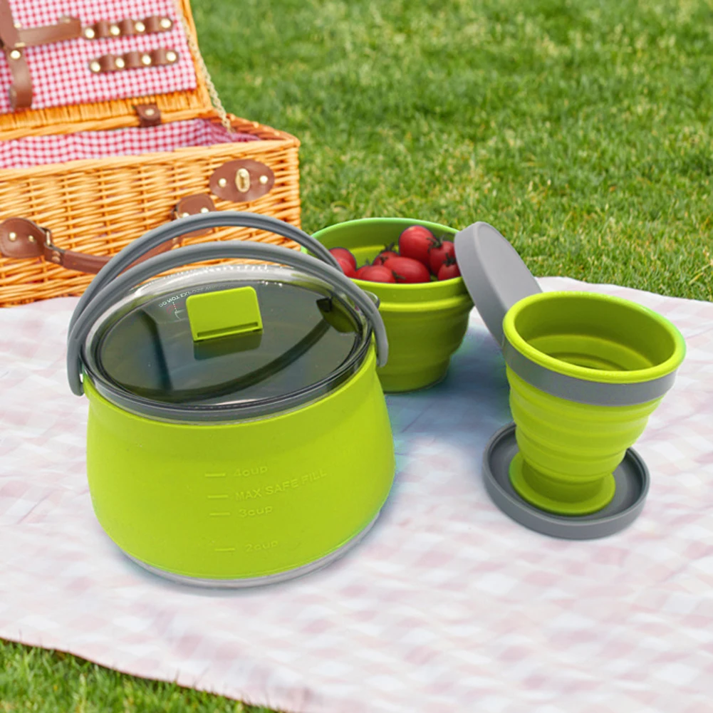 

3pcs Silicone Folding Kettle Cup Bowl Tableware Kit for Outdoor Camping Hiking Bacpacking Space Saving Dinnerware