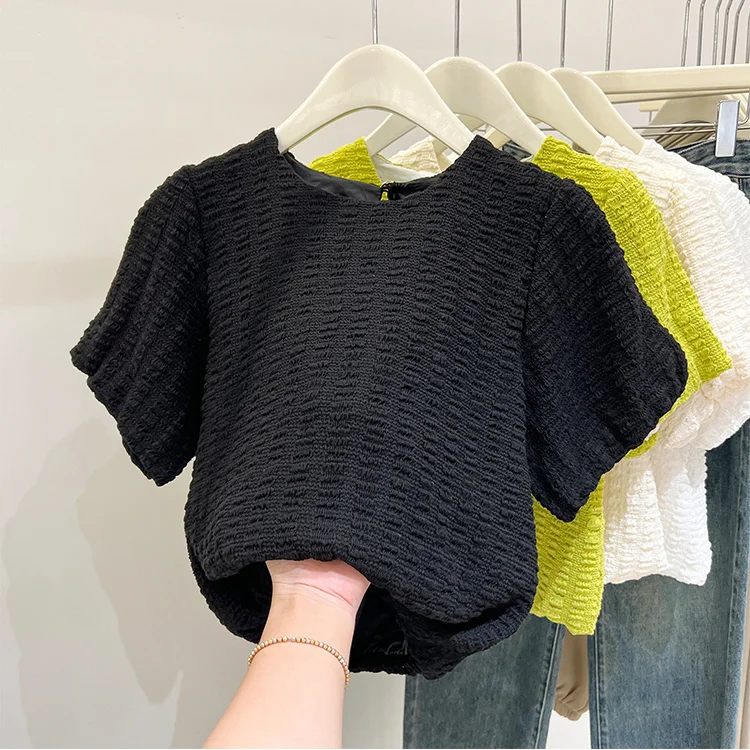 

Summer Women Sweet Round Neck Puff Sleeves Blouses Korean Chic Loose Lantern Sleeve Shirt