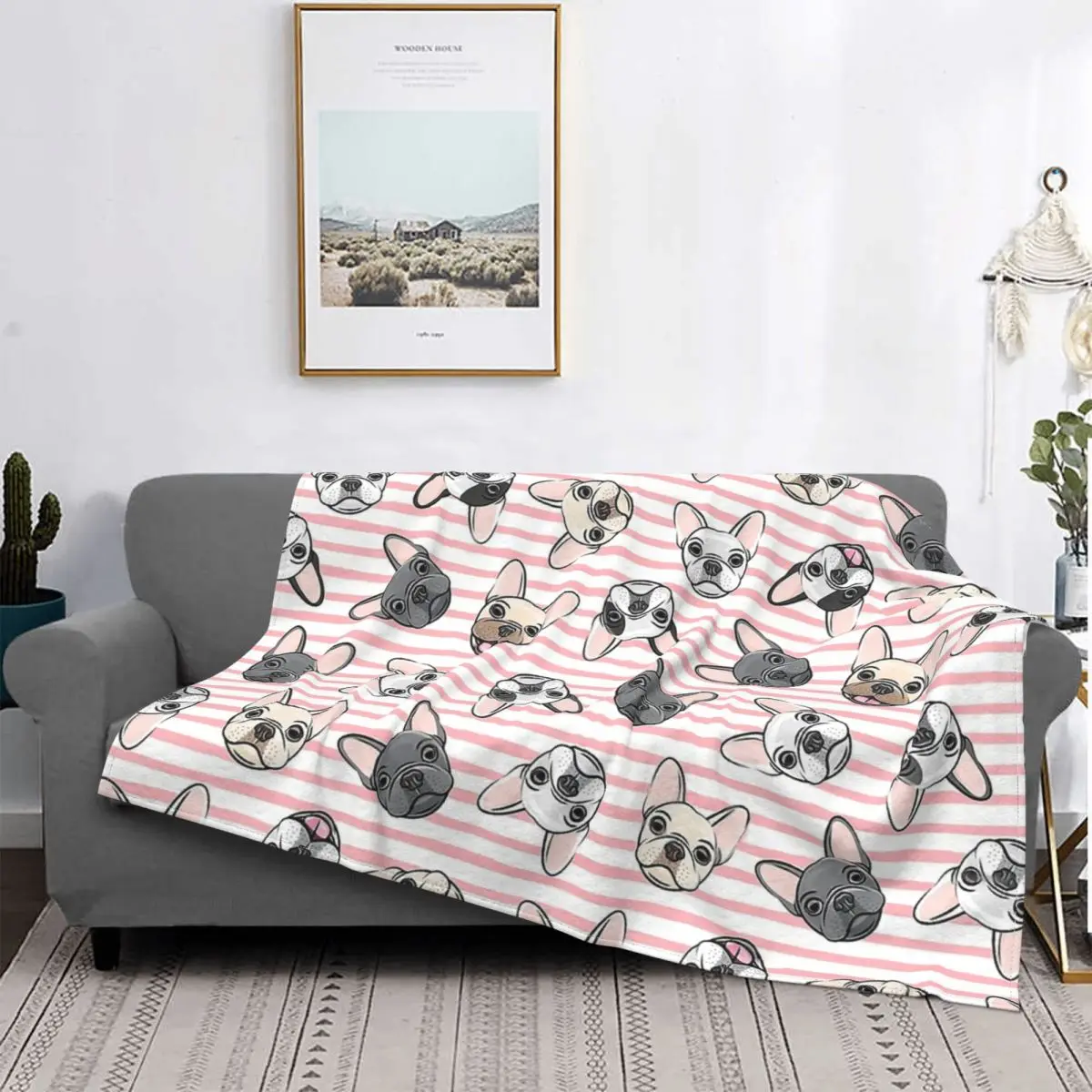 

Одеяло с французским бульдогом, фланелевое одеяло в розовую полоску, милое уютное мягкое флисовое покрывало